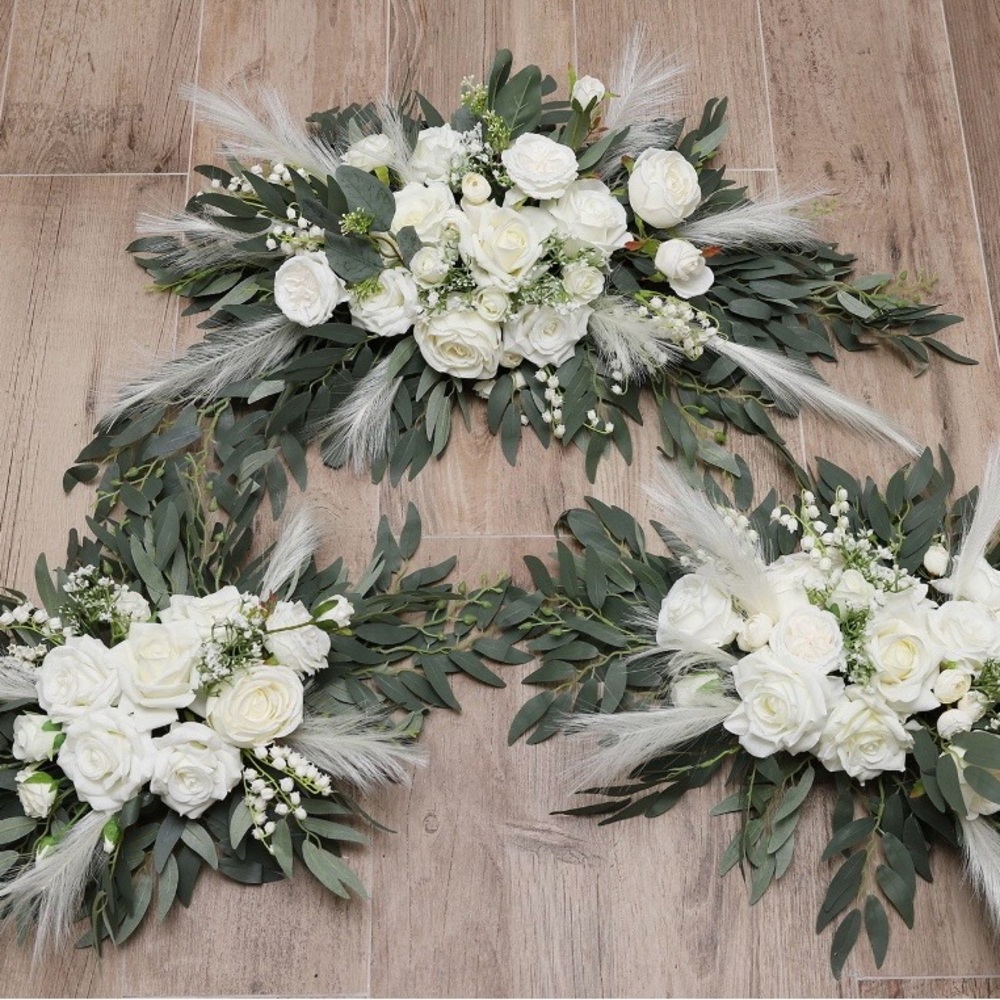 Soft white rose floral arch arrangements